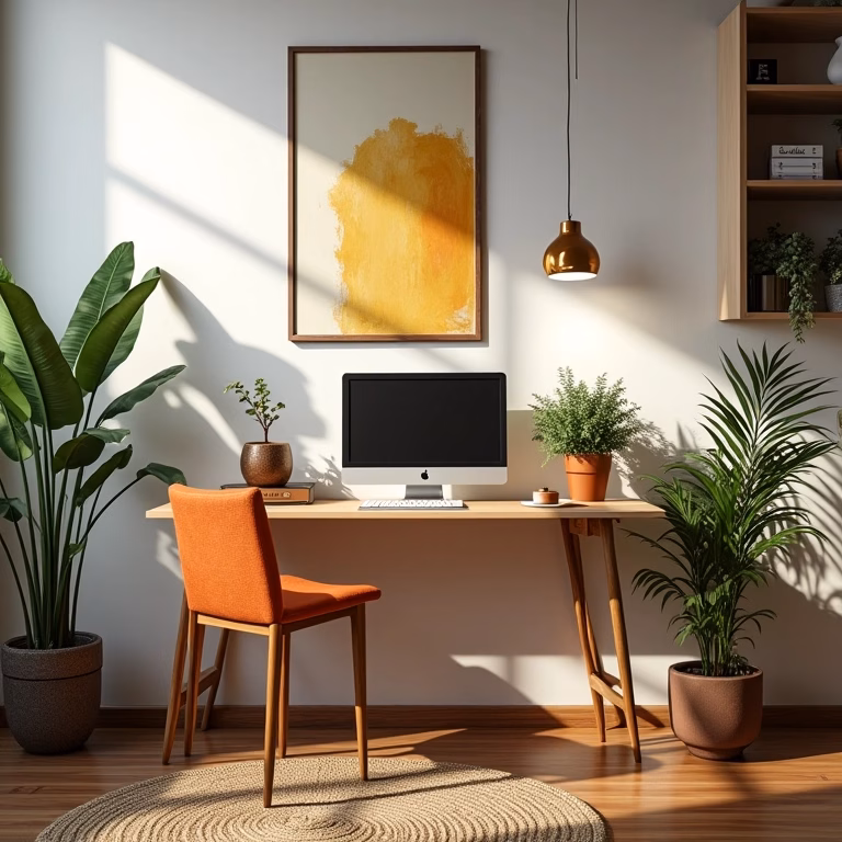 Mesa de escritório de parede elegante em home office com decoração brasileira.