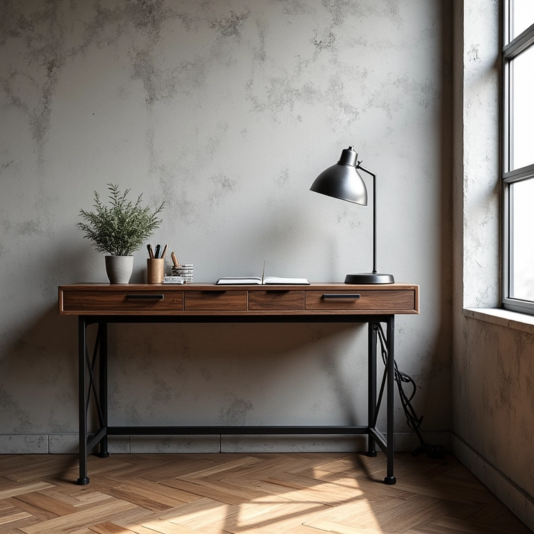 Mesa de escritório de parede industrial com detalhes em metal.