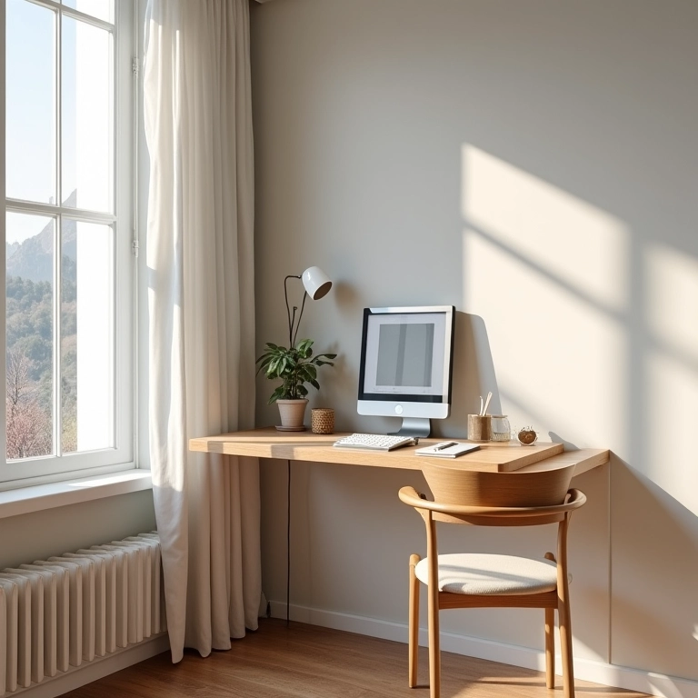 Mesa de escritório de parede que economiza espaço em apartamento pequeno.