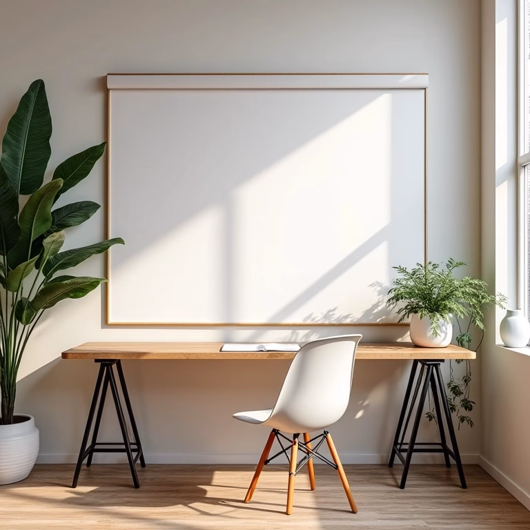 Mesa de escritório moderna com superfície de lousa completa, ideal para anotações e brainstorming.