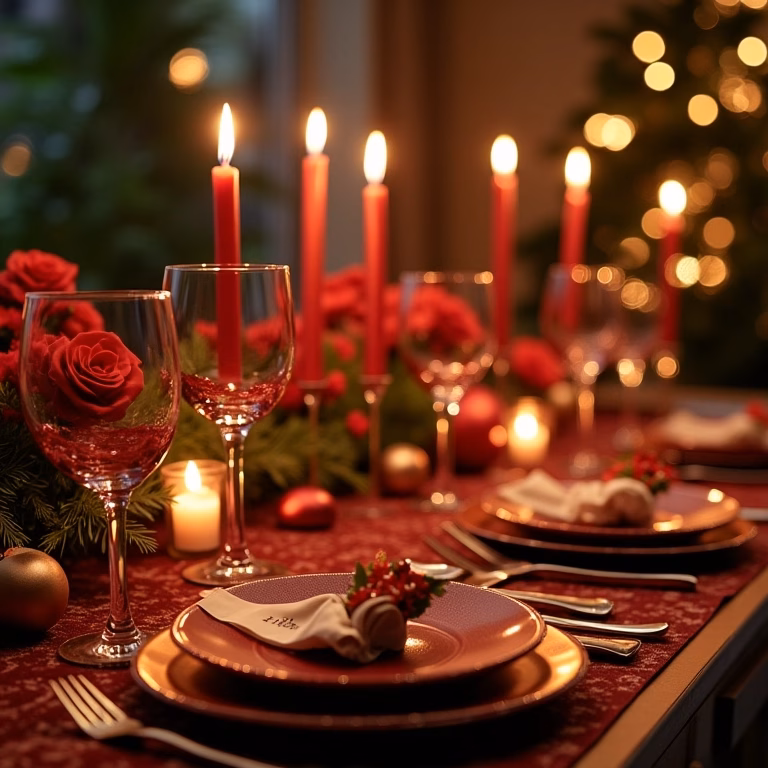 Mesa de Natal ricamente decorada com louças finas, velas e adornos natalinos.