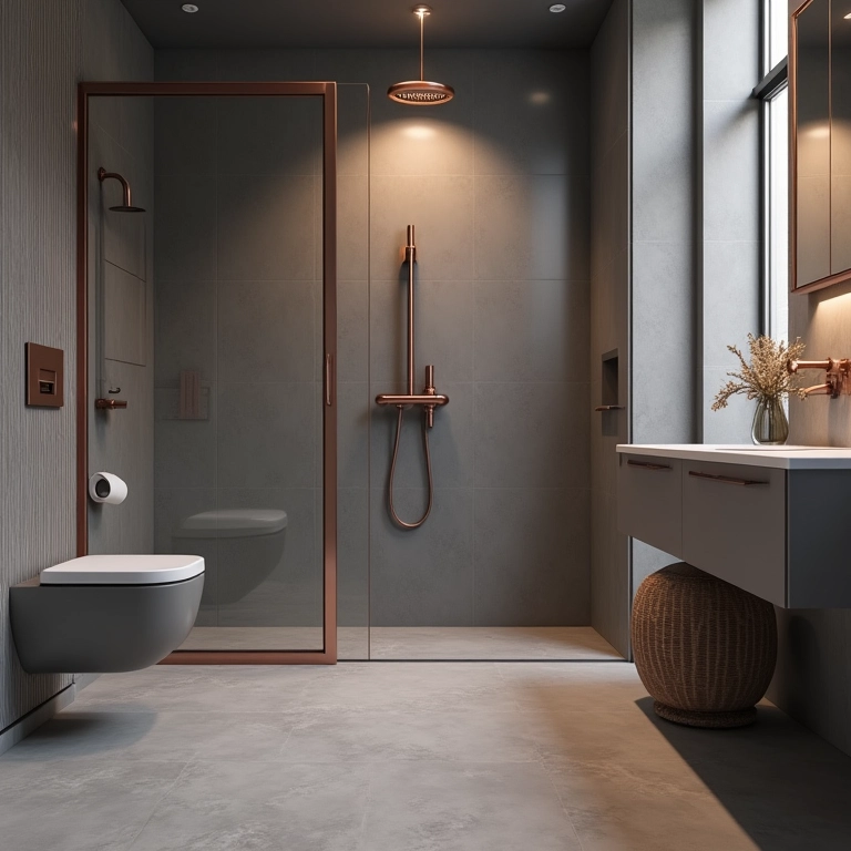 Metais em tons de cobre ou dourado em banheiro cinza.