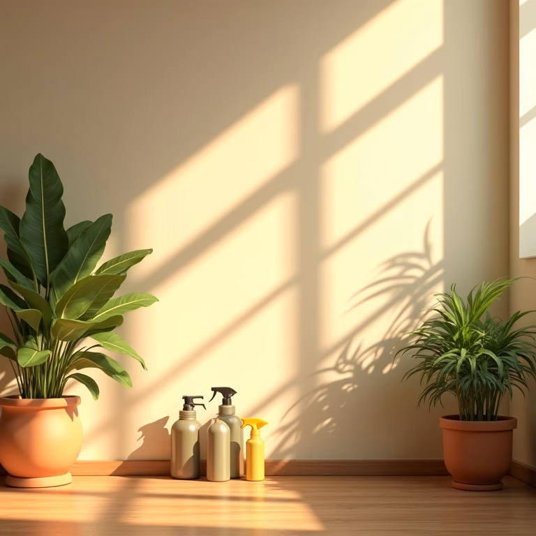 Mofo visível em parede de casa brasileira iluminada, com produtos de limpeza caseiros próximos.
