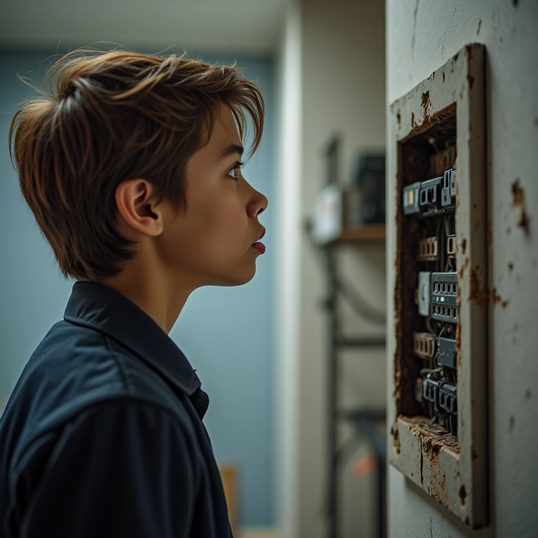 Morador olhando um painel elétrico danificado em um prédio.
