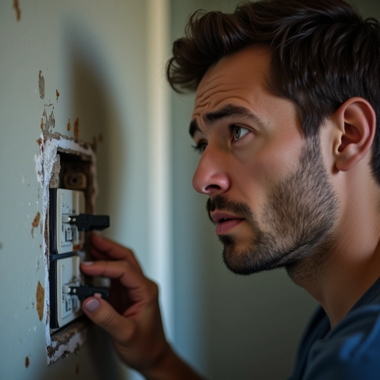 Moradora preocupada olhando para um painel elétrico danificado.