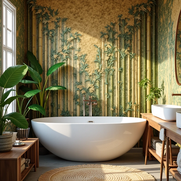 Mosaicos de bambu em parede de banheiro