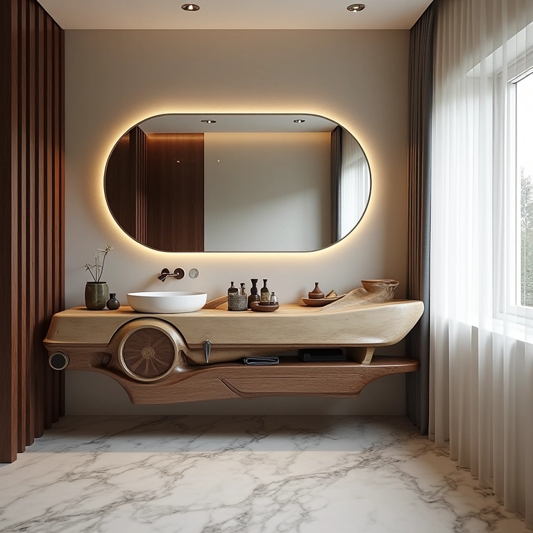 Móveis com design automotivo, como uma bancada que lembra um carro clássico.