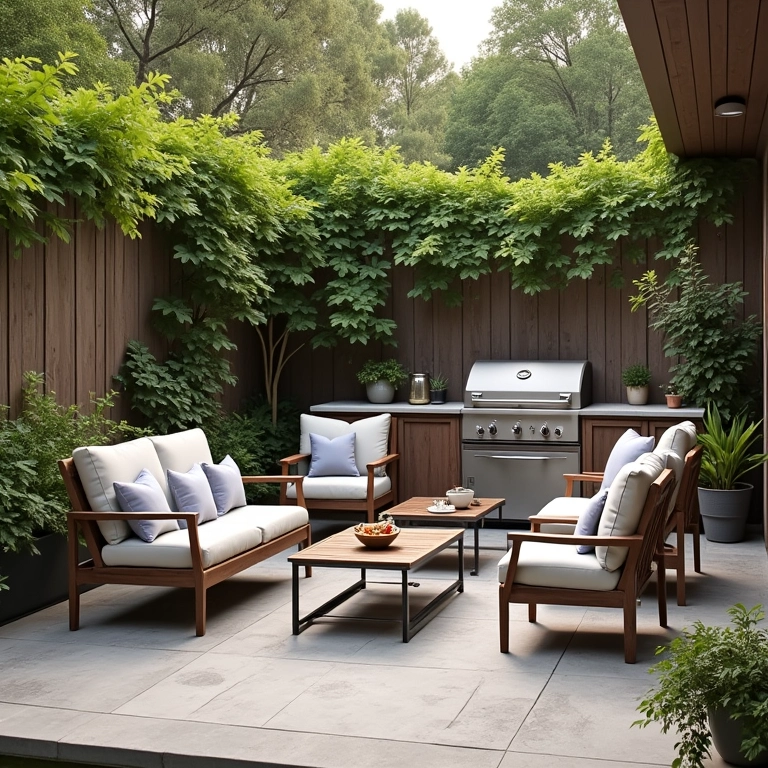 Móveis confortáveis em área de churrasco ao ar livre.