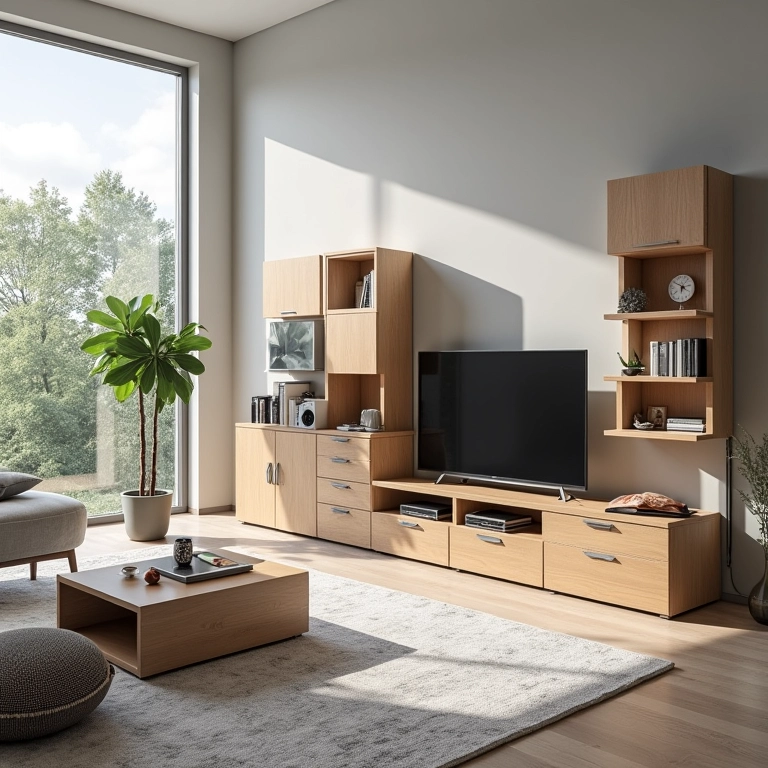 Móveis modulares em sala de estar moderna com design adaptável.