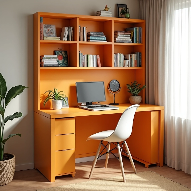 Móveis multifuncionais em uma biblioteca pequena de apartamento.