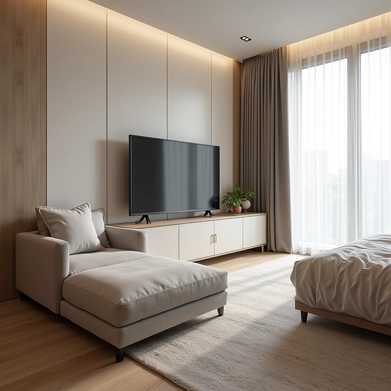 Móveis multifuncionais otimizando o espaço em sala de TV.