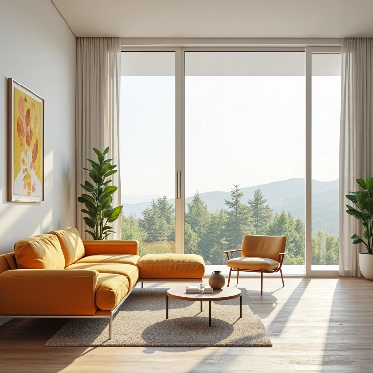 Móveis sustentáveis em sala iluminada com design eco-friendly.