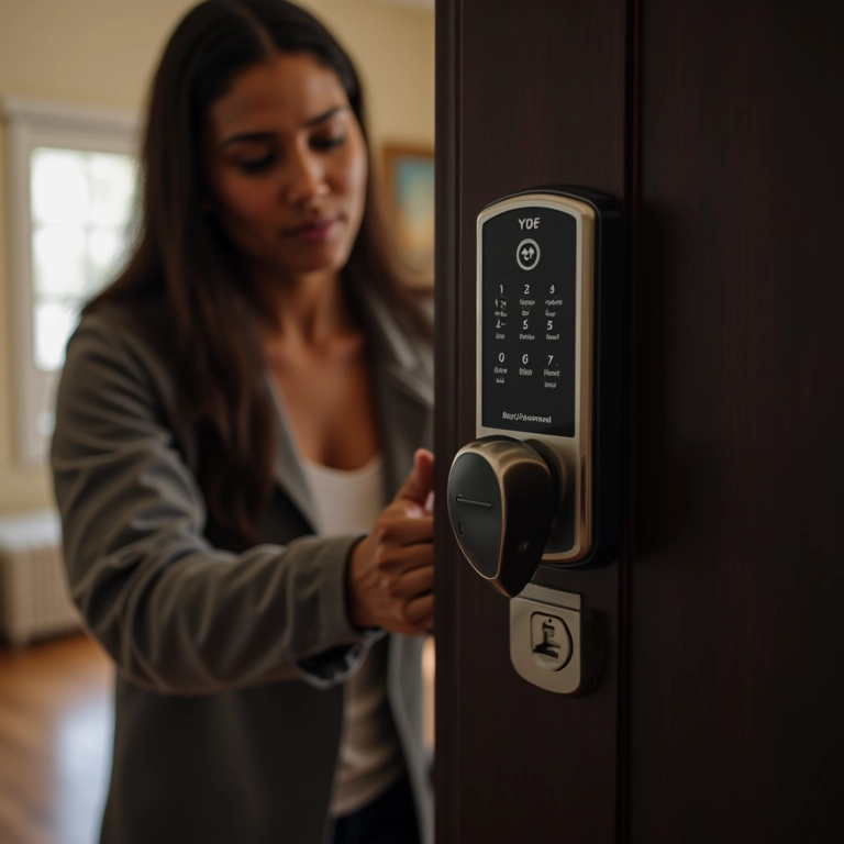 Mulher abrindo a porta com a fechadura digital Yale YDF 40 com maçaneta.