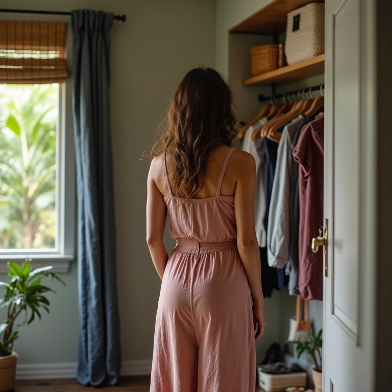Mulher admirando seu guarda-roupa organizado após um desafio de 30 dias.