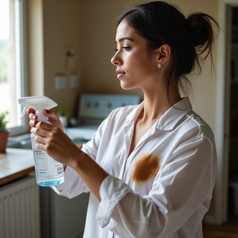 Mulher aplicando removedor de manchas em blusa com café.