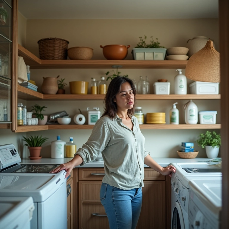 Mulher avaliando espaço na área de serviço para organizar.