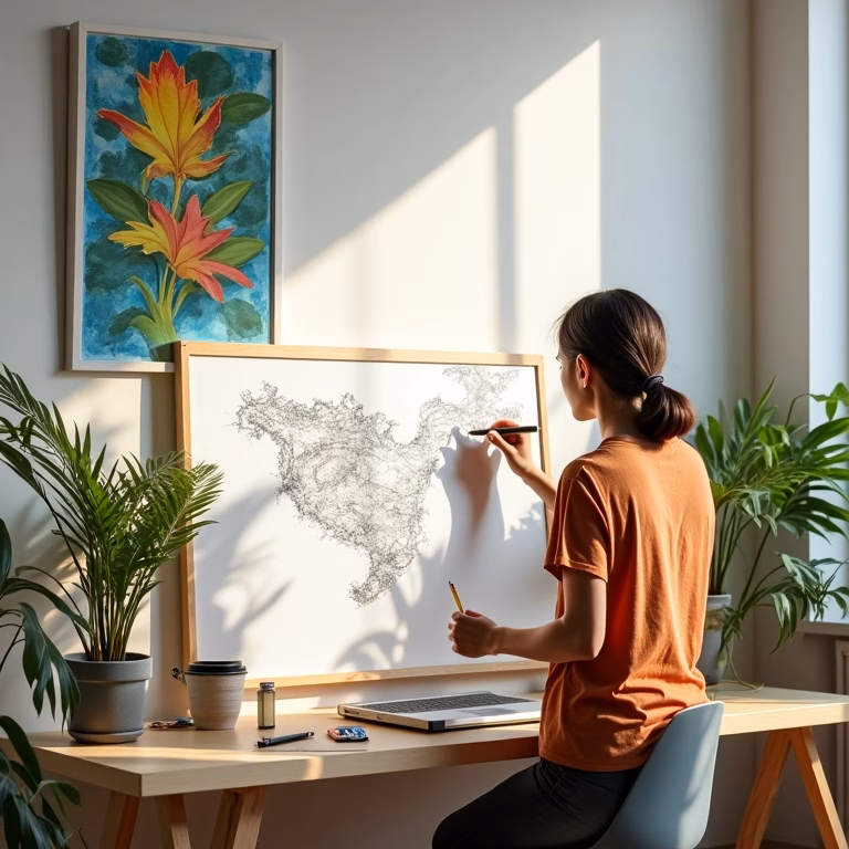 Mulher desenhando em mesa de escritório com lousa, ambiente iluminado e decorado.