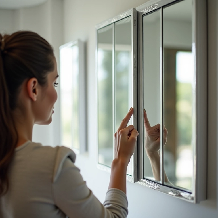 Mulher escolhendo armário espelhado em loja de banheiros, com foco no design.
