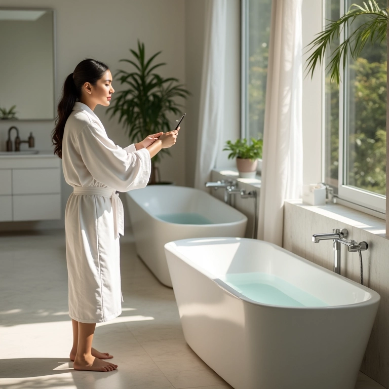 Mulher escolhendo entre diferentes modelos de banheira em uma loja.