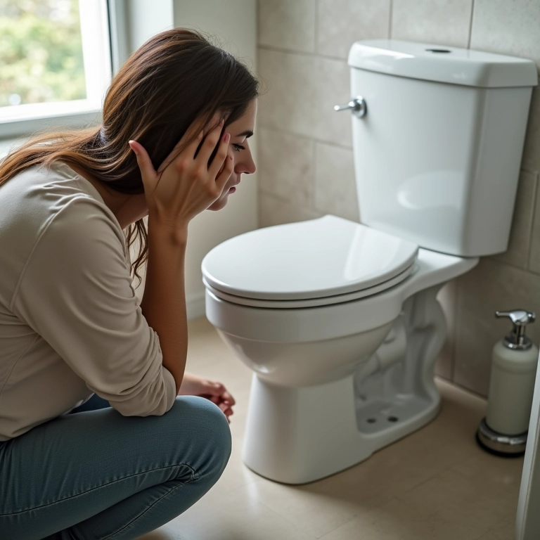 Mulher examinando a base do vaso sanitário em busca de vazamento.