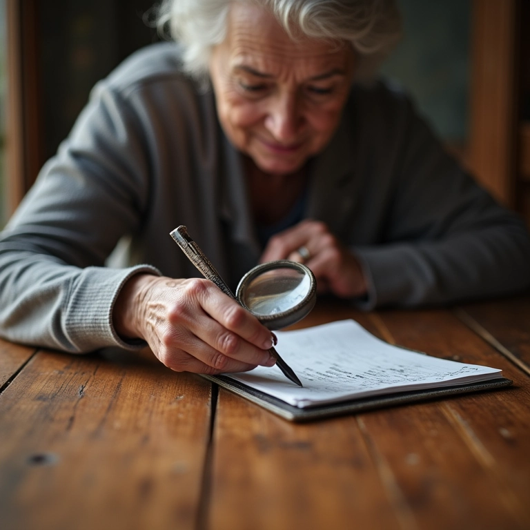 Mulher examinando assoalho antigo com lupa, avaliando o estado da madeira.