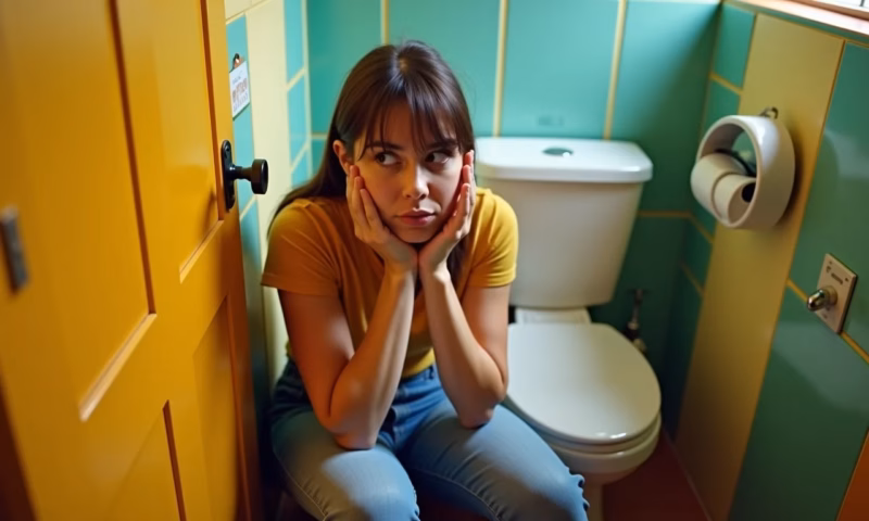 Mulher examinando vazamento em vaso sanitário em banheiro com decoração brasileira.