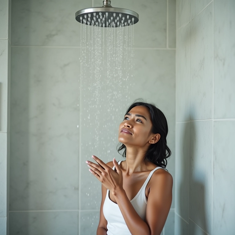 Mulher frustrada com a baixa pressão da água em chuveiro de teto.