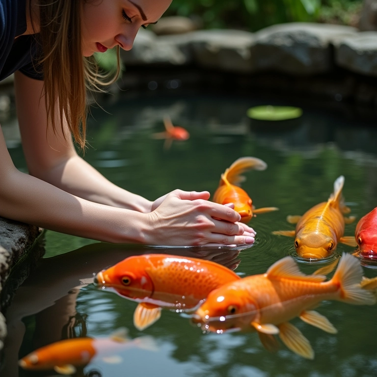 Mulher inspecionando peixes koi em tanque de jardim, procurando sinais de doença.