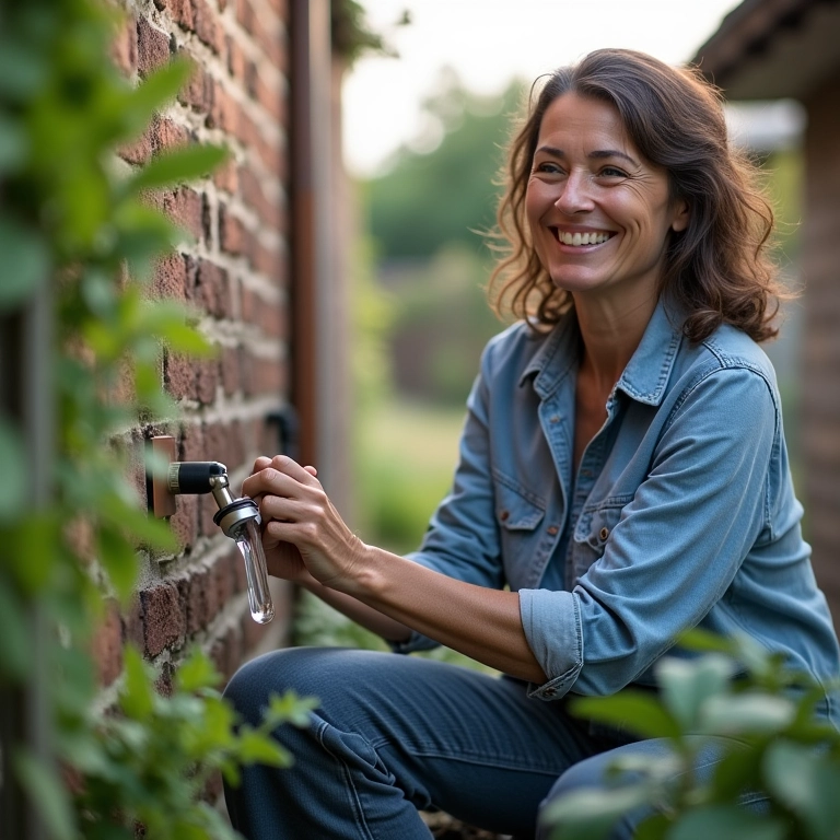 Mulher inspecionando sistema de captação de água da chuva.