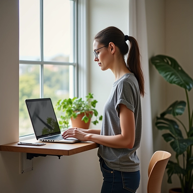 Mulher instalando mesa de escritório de parede com facilidade.