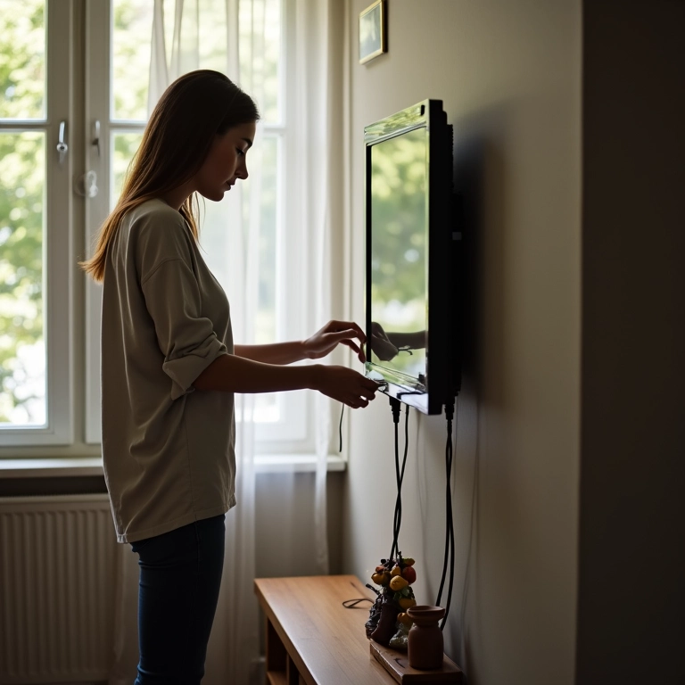 Mulher instalando um simulador de TV perto da janela, de forma simples e rápida.