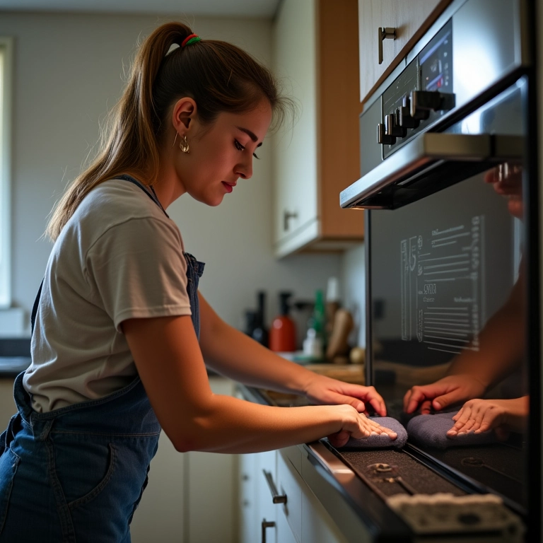 Mulher limpando a grade do forno elétrico com cuidado.