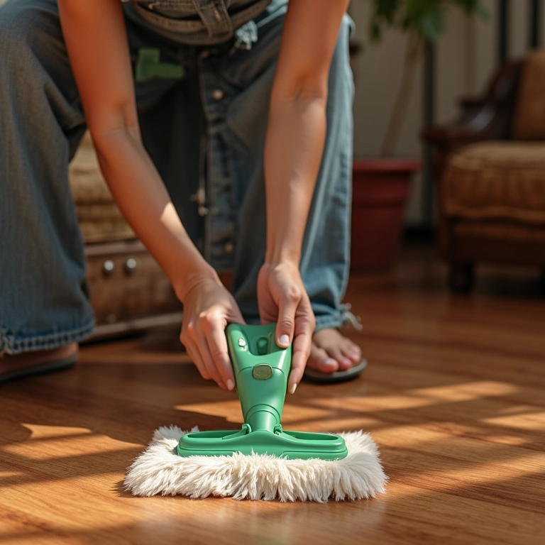 Mulher limpando assoalho de madeira antigo com limpador Bona, preparando para restauração.