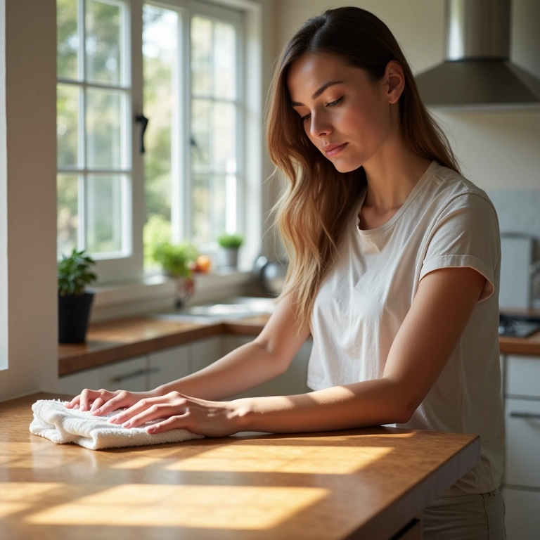Mulher limpando bancada de madeira com cuidado.