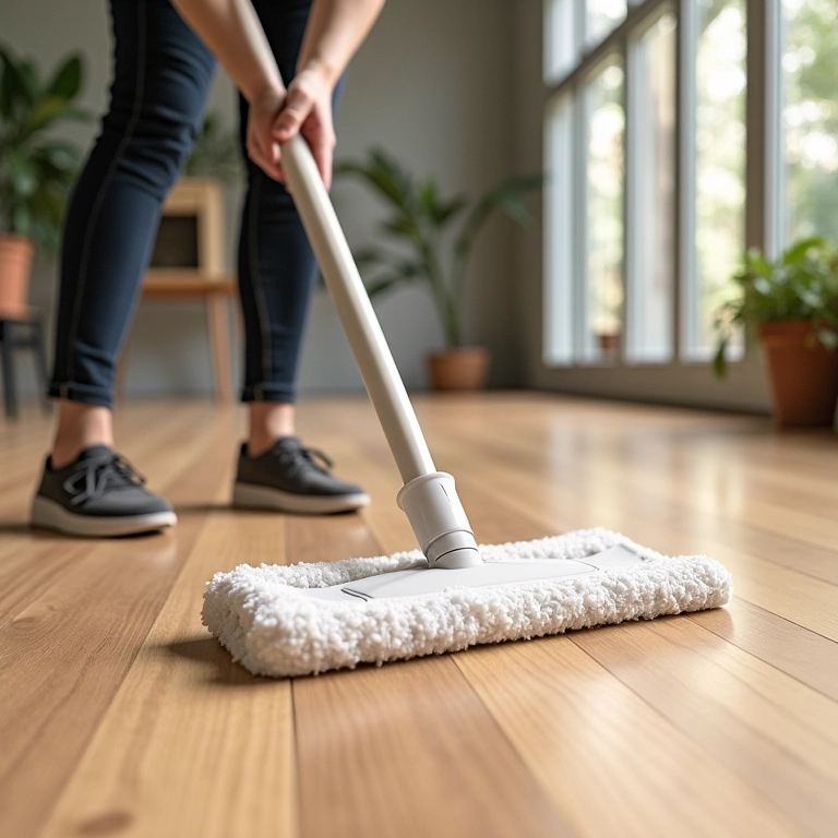 Mulher limpando facilmente piso de bambu com um pano.