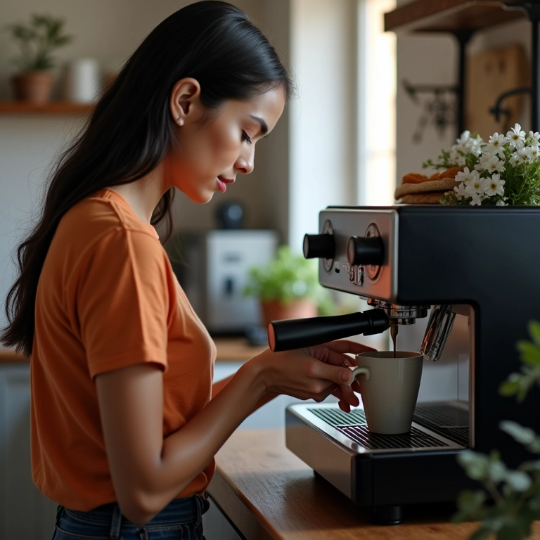 Mulher limpando o portafiltro de uma cafeteira semi-automática em casa.