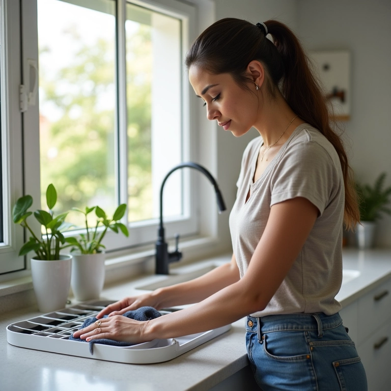 Mulher limpando organizadores de talheres modulares com pano úmido.