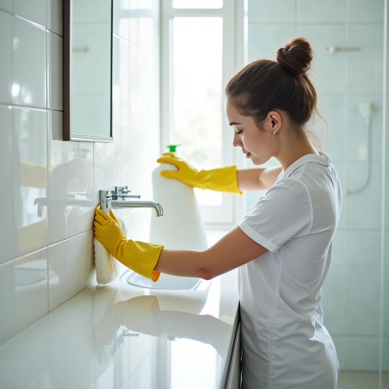 Mulher limpando porcelanato de banheiro com produtos de limpeza.