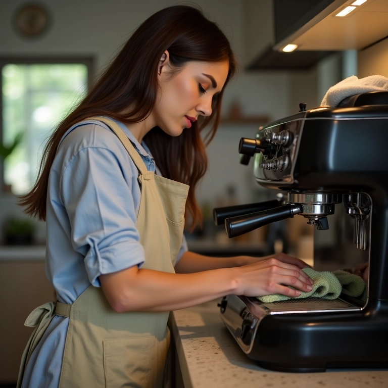 Mulher limpando uma cafeteira expresso com um pano de microfibra em uma cozinha brasileira.