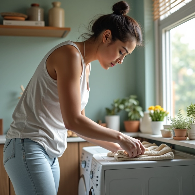 Mulher mantendo a organização na área de serviço com rotina semanal.