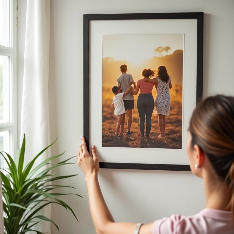 Mulher pendurando foto de família emoldurada com moldura de EVA.