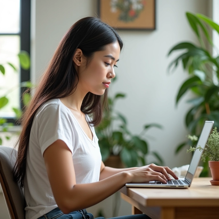 Mulher pesquisando online por mesa de escritório com lousa em laptop.