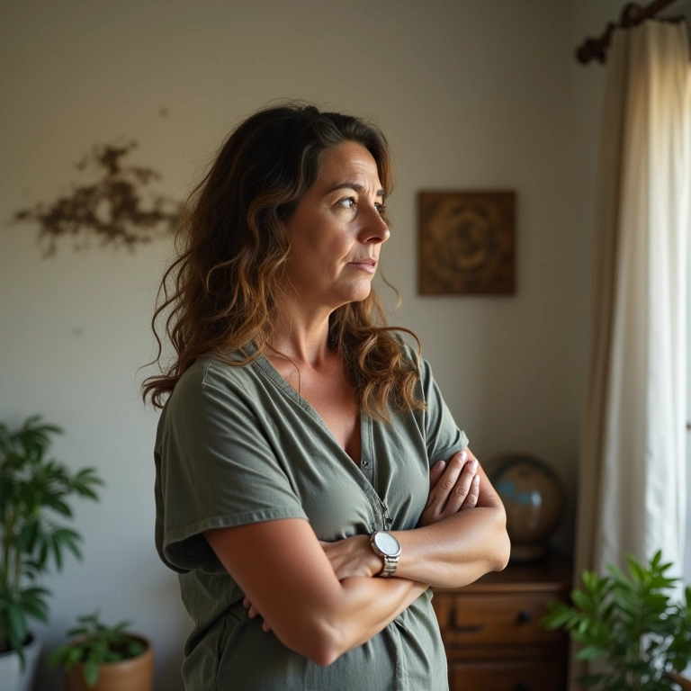 Mulher preocupada observando mofo na parede de sua casa no Brasil.