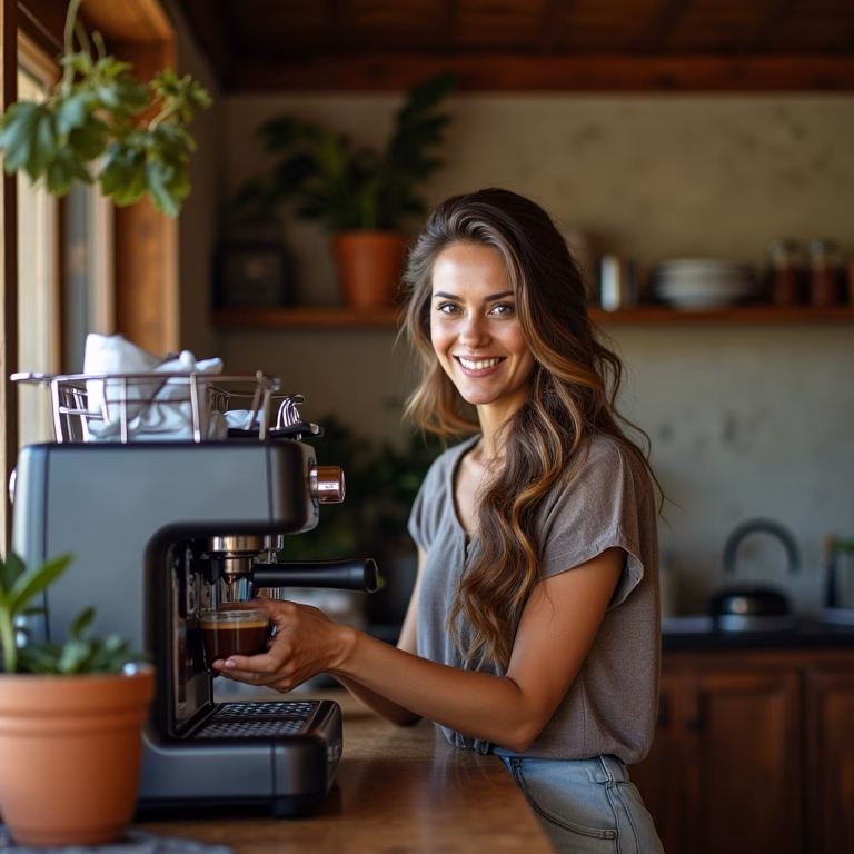 Mulher preparando café em uma cafeteira expresso moderna em uma cozinha brasileira ensolarada.
