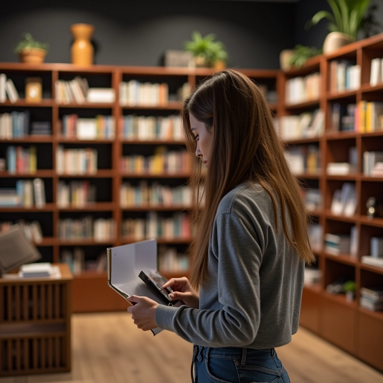 Mulher procurando móveis para biblioteca em uma loja de móveis.