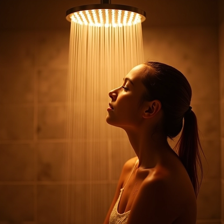 Mulher relaxando em um banho com chuveiro de teto.