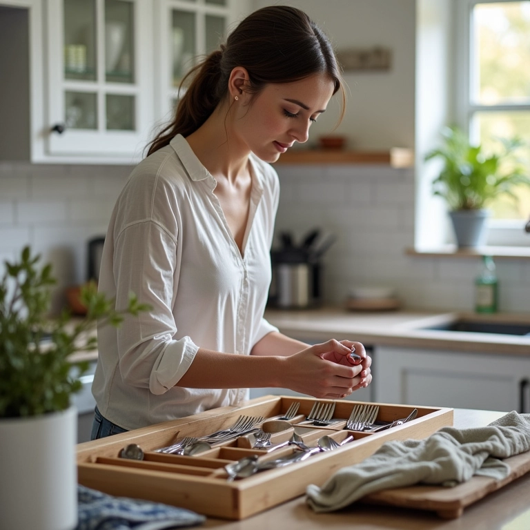 Mulher se preparando para organizar gaveta de talheres com utensílios e organizadores.