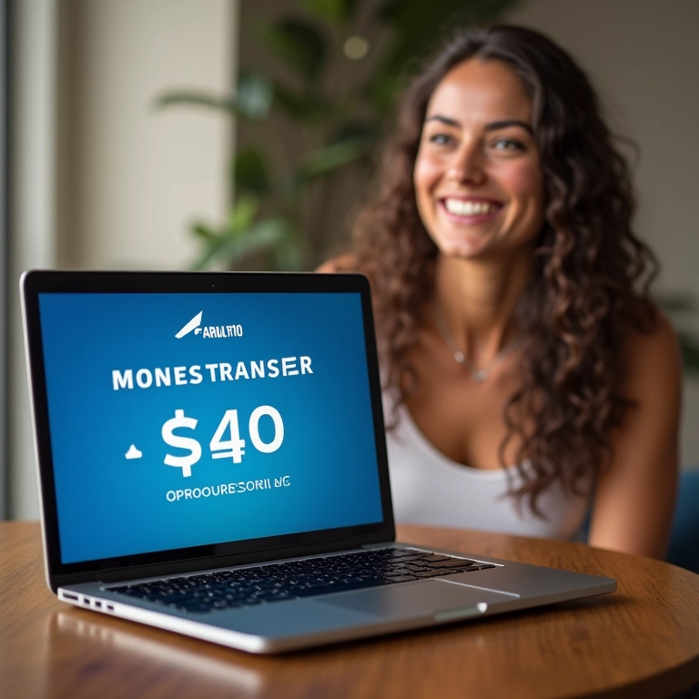 Mulher sorrindo ao ver promoção de transferência bonificada de milhas no laptop.