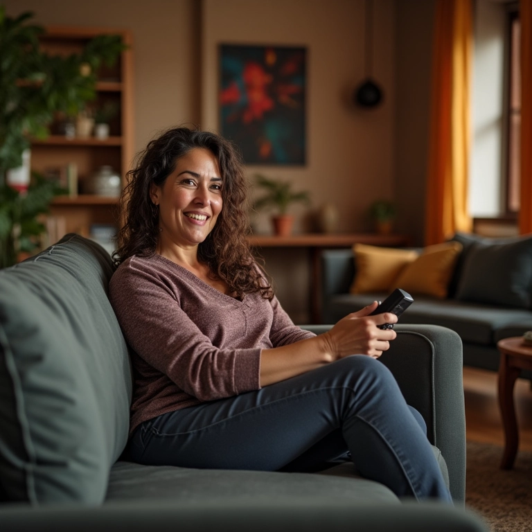 Mulher sorrindo em sala de TV pequena e confortável.