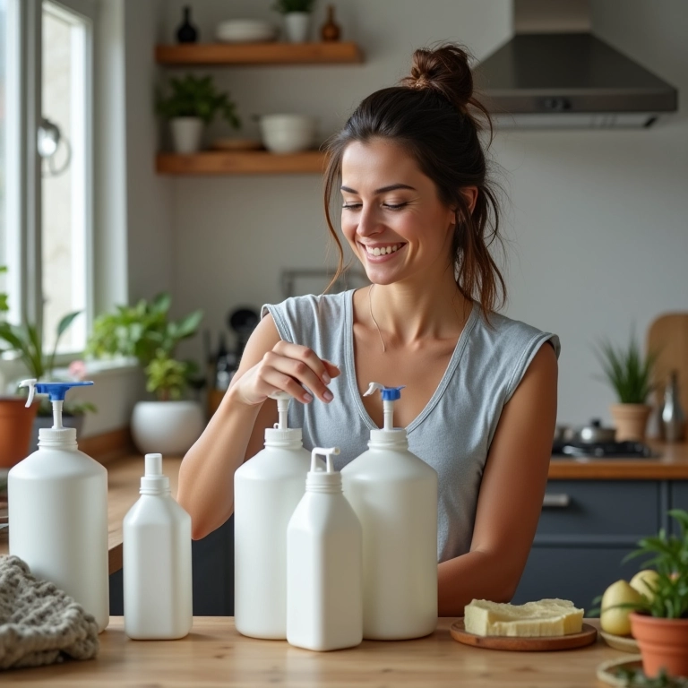 Mulher sorrindo enquanto economiza ao usar produtos de limpeza a granel em sua cozinha.